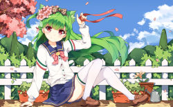 Rule 34 | 1girl, animal ears, blue skirt, blue sky, blush, braid, brown footwear, brown ribbon, c:, cardigan, cat ears, checkered ribbon, closed mouth, cloud, cloudy sky, dango remi, day, fence, floating hair, flower, green hair, hair flower, hair ornament, hair ribbon, highres, loafers, long hair, moegirlpedia-tan, outdoors, petals, pink flower, plant, pleated skirt, potted plant, red eyes, ribbon, school uniform, serafuku, shoes, sitting, skirt, sky, smile, solo, thighhighs, watering can, white thighhighs