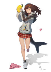 Rule 34 | &gt; &lt;, 1girl, :d, absurdres, badge, bare legs, black footwear, blush, brown hair, button badge, character request, dated, fins, fish tail, food, fruit, full body, grey hoodie, hair ornament, hairclip, highres, holding, holding food, holding fruit, hood, hood down, hoodie, leaf, lemon, long hair, looking at viewer, miniskirt, nijisanji, open mouth, orange eyes, plaid, plaid skirt, pleated skirt, ray (nagaseray), red skirt, running, shark tail, shoes, signature, skirt, smile, smiley face, sneakers, socks, solo, tail, teeth, upper teeth only, virtual youtuber, virtuareal, white footwear