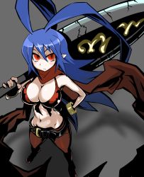 Rule 34 | 1girl, bare shoulders, belt, bikini, bikini top only, breasts, cleavage, disgaea, disgaea d2, hand on own hip, holding, indee, laharl, laharl-chan, large breasts, looking at viewer, nippon ichi, red eyes, scarf, solo, swimsuit, sword, weapon
