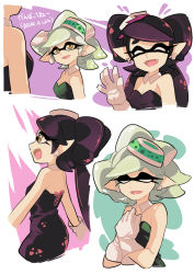Rule 34 | + +, 2girls, :d, black dress, black hair, black jumpsuit, brown eyes, callie (splatoon), closed eyes, closed mouth, cousins, detached collar, dress, earrings, english text, facing viewer, fangs, food, food on head, from side, gloves, gomipomi, grey hair, inkling, jewelry, jumpsuit, light smile, long hair, looking at another, marie (splatoon), mask, mole, mole under eye, multiple girls, music, nintendo, object on head, one eye closed, open mouth, parted lips, pointy ears, short hair, singing, smile, standing, strapless, strapless dress, sushi, tentacle hair, white gloves