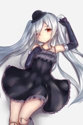 Rule 34 | 1girl, arm up, armpits, bare shoulders, black dress, black gloves, black hat, bowler hat, doll joints, dress, elbow gloves, feet out of frame, frilled dress, frills, gloves, granblue fantasy, grey background, grey hair, hand on own chest, hat, head tilt, highres, jewelry, joints, knee up, kure (kure ng), long hair, looking at viewer, lying, mini hat, necklace, on back, orchis, parted bangs, red eyes, simple background, sleeveless, sleeveless dress, solo, twintails, very long hair