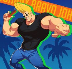 Rule 34 | 1boy, bara, biceps, black shirt, blonde hair, cartoon network, comb, cowboy western, denim, feet out of frame, jeans, johnny bravo, johnny bravo (series), large pectorals, long sideburns, male focus, muscular, muscular male, pants, pectoral cleavage, pectorals, pointing, pointing at viewer, shirt, short hair, sideburns, smirk, solo, sunglasses, tight clothes, tight shirt, xelgot