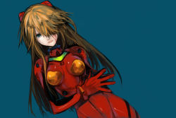 Rule 34 | 1girl, bad id, bad pixiv id, blood, blood on face, breasts, brown hair, dutch angle, green eyes, hair over one eye, hosaka dx, lips, long hair, neon genesis evangelion, nose, plugsuit, simple background, solo, souryuu asuka langley, steepled fingers