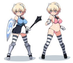 Rule 34 | 10s, 1girl, alternate costume, animal ears, arm strap, ascot, bad id, bad twitter id, bare shoulders, blonde hair, blue eyes, blue panties, blush, bra, brave witches, breasts, cameltoe, cleavage, covered erect nipples, detached collar, gloves, impossible clothes, large breasts, mace, navel, nikka edvardine katajainen, nipples, null (nyanpyoun), open mouth, panties, pink bra, pink panties, pregnant, see-through, simple background, strike witches, striped clothes, striped thighhighs, sweater, thighhighs, underwear, underwear only, weapon, white background, white gloves, world witches series