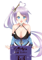 Rule 34 | 1girl, ahoge, anchor, arms at sides, azur lane, bare shoulders, bikini, bikini top only, black bikini, blue eyes, box, breasts, chain, cleavage, dearonnus, fang, front-tie bikini top, front-tie top, hair ornament, halterneck, heart, heart-shaped pupils, heart ahoge, highres, large breasts, leaning forward, light purple hair, long hair, long sleeves, looking at viewer, open mouth, portland (azur lane), side ponytail, simple background, solo, sparkle, star (symbol), swimsuit, symbol-shaped pupils, very long hair, white background