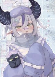Rule 34 | 1girl, :p, absurdres, ahoge, bandaid, bandaid hair ornament, bandaid on face, bandaid on nose, black horns, braid, braided bangs, crow (la+ darknesss), earrings, frills, hair ornament, highres, hololive, horns, jewelry, la+ darknesss, multicolored hair, mutsumi326, pointy ears, purple hair, sleep mask, sleeves past fingers, sleeves past wrists, streaked hair, striped horns, tongue, tongue out, two side up, virtual youtuber, yellow eyes
