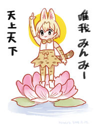 Rule 34 | 1girl, animal ears, arm up, blonde hair, blouse, bow, bowtie, chibi, commentary request, dated, elbow gloves, extra ears, flower, gloves, high-waist skirt, kemono friends, korean commentary, lotus, mixed-language commentary, parody, pointing, pointing down, pointing up, print gloves, print skirt, print thighhighs, roonhee, serval (kemono friends), serval print, shirt, short hair, skirt, sleeveless, sleeveless shirt, smile, solo, thighhighs, traditional bowtie, translated