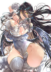 Rule 34 | 1girl, albedo (overlord), arm behind head, black feathers, black hair, black wings, breasts, cleavage, commentary request, curvy, demon girl, demon horns, demon wings, detached collar, dress, feathered wings, feathers, gloves, grey horns, hair between eyes, highres, hip vent, horns, jewelry, large breasts, leotard, long hair, looking at viewer, low wings, necklace, overlord (maruyama), simple background, slit pupils, smile, solo, standing, thick thighs, thighs, very long hair, white background, white dress, white gloves, white leotard, wide hips, wings, yellow eyes, yuu (asaiyuji)