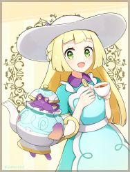 Rule 34 | 1girl, :d, bad id, bad pixiv id, blush, border, collared dress, commentary request, crack, creatures (company), cup, dress, eyelashes, game freak, gen 8 pokemon, green dress, green eyes, hat, highres, holding, holding cup, lillie (pokemon), lillie (special costume) (pokemon), looking at viewer, nintendo, official alternate costume, open mouth, pokemon, pokemon (creature), pokemon masters ex, polteageist, short sleeves, smile, tea, teacup, teapot, white headwear, yumari0728