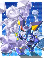 Rule 34 | 1girl, :p, blue eyes, commentary request, diamond ice (mega man), glowing, hammer, holding, holding hammer, ice sculpture, looking at viewer, mega man (series), mega man star force, mega man star force 3, napo, one eye closed, red hair, solo, thumbs up, tongue, tongue out