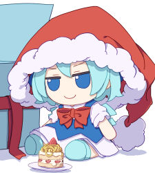 Rule 34 | 1girl, absurdres, blue dress, blue eyes, blue hair, box, cake, cake slice, cirno, closed mouth, collared shirt, dress, fairy, food, fruit, fumo (doll), gift, gift box, hair between eyes, hat, highres, ice, ice wings, kame (kamepan44231), pasta, plate, pom pom (clothes), red hat, santa hat, shirt, short hair, short sleeves, simple background, smile, solo, strawberry, touhou, white background, white shirt, wings