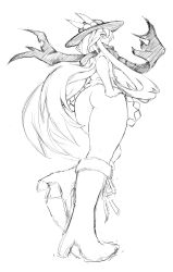 Rule 34 | absurdres, ass, boots, bottomless, food, food on head, fruit, fruit on head, full body, greyscale, hand on own hip, hat, high heel boots, high heels, highres, hinanawi tenshi, king (ougon kingyo-bachi), knee boots, long hair, looking at viewer, looking back, looking down, monochrome, object on head, peach, scarf, sketch, smile, smug, solo, thick thighs, thighs, torn clothes, torn scarf, touhou, very long hair