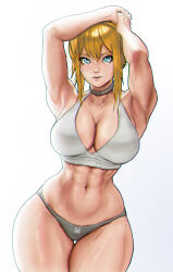 1girl abs armpits arms_up bare_shoulders blonde_hair blue_eyes breasts choker cleavage closed_mouth collarbone commentary cowboy_shot doni_zefironi ear_piercing goddess_of_victory:_nikke grey_choker grey_panties hair_between_eyes highres large_breasts looking_at_viewer maxwell_(nikke) multiple_piercings muscular muscular_female navel panties piercing short_hair short_hair_with_long_locks sidelocks simple_background solo sports_bra standing stomach thigh_gap underwear white_background white_sports_bra