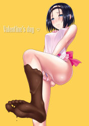 Rule 34 | apron, ass, bare arms, bare shoulders, barefoot, blue eyes, blue hair, blush, breasts, chocolate on foot, closed mouth, covering privates, covering crotch, dripping, embarrassed, feet, from below, frown, heart, highres, leg up, looking at viewer, looking down, medium breasts, naked apron, nose blush, original, short hair, simple background, soles, solo, standing, standing on one leg, toes, valentine, wavy mouth, white apron, yellow background, zaregoto tsukai no deshi