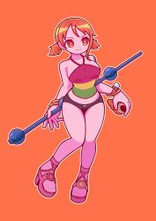 Rule 34 | 1girl, avotoma3, clima-tact, crop top, highres, log pose, nami (one piece), neck strap, one piece, orange hair, pigtail braids, sandals, shell, shirt, shoes, short hair, short shorts, shorts, smile, staff, striped clothes, striped shirt, strong world, tattoo, thighs
