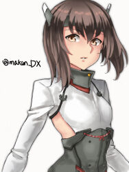 Rule 34 | 1girl, bob cut, brown eyes, brown hair, corset, headgear, highres, inverted bob, kantai collection, maakun (makun dx), one-hour drawing challenge, parted lips, shirt, short hair, simple background, solo, taihou (kancolle), twitter username, upper body, white background, white shirt