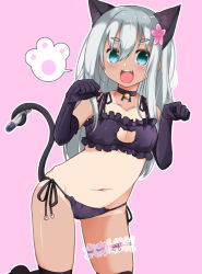 Rule 34 | 1girl, alternate hair color, animal ears, bare shoulders, bell, black bra, black gloves, black panties, black thighhighs, blue eyes, blush, bra, breasts, bridal garter, cat cutout, cat ear panties, cat ears, cat lingerie, cat tail, choker, cleavage cutout, clothing cutout, collar, collarbone, commentary request, elbow gloves, fang, flower, frilled bra, frills, gin (shioyude), gloves, grey hair, hair between eyes, hair flower, hair ornament, holding, holding with tail, jingle bell, kantai collection, kneeling, lingerie, long hair, looking at viewer, meme attire, navel, neck bell, one-piece tan, open mouth, panties, paw pose, paw print, prehensile tail, ro-500 (kancolle), side-tie panties, simple background, skindentation, smile, solo, tail, tan, tanline, thighhighs, torpedo, underwear, underwear only