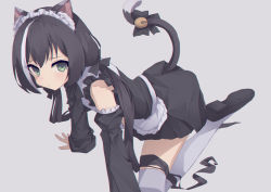 Rule 34 | 1girl, all fours, animal ears, apron, ass, bad id, bad pixiv id, bell, black hair, cat ears, cat girl, cat tail, detached sleeves, dress, green eyes, karyl (princess connect!), low twintails, maid, maid apron, maid headdress, multicolored hair, princess connect!, shoes, sidelocks, streaked hair, tail, tail bell, tail ornament, thighhighs, twintails, white background, white thighhighs, zettai ryouiki, zuchineru