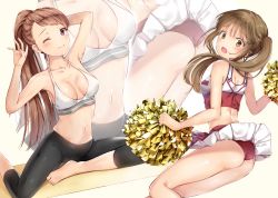 Rule 34 | 2girls, :o, absurdres, arm up, armpits, ass, bare arms, bare shoulders, breasts, brown eyes, brown hair, cheerleader, clothes lift, collarbone, crop top, from behind, halterneck, halterneck, hand up, highres, holding, holding pom poms, long hair, looking at viewer, medium breasts, midriff, miniskirt, multiple girls, navel, one eye closed, open mouth, original, panties, pants, pom pom (cheerleading), pom poms, ponytail, purple eyes, red panties, red shirt, red skirt, shirt, simple background, skirt, skirt lift, sleeveless, sleeveless shirt, spaghetti strap, stomach, twintails, underwear, white background, white shirt, yoga pants, yoshida iyo, zoom layer