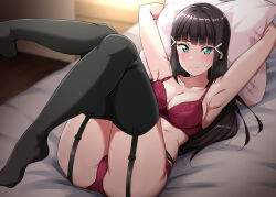 Rule 34 | 1girl, aqua eyes, armpits, black garter belt, black hair, black thighhighs, blunt bangs, blush, bra, breasts, closed mouth, commentary request, embarrassed, garter belt, head on pillow, highres, indoors, kurosawa dia, legs up, long hair, looking at viewer, love live!, love live! sunshine!!, lying, medium breasts, mole, mole under mouth, on back, on bed, panties, red bra, red panties, solo, thighhighs, underwear, underwear only, yopparai oni
