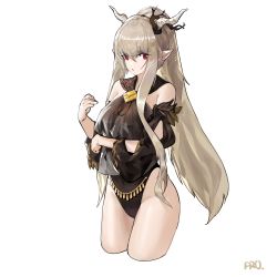 Rule 34 | 1girl, absurdres, arknights, black one-piece swimsuit, breast hold, breasts, covered navel, cropped legs, detached sleeves, grey hair, groin, highres, horns, large breasts, long hair, looking at viewer, one-piece swimsuit, pointy ears, prossss, red eyes, shining (arknights), shining (silent night) (arknights), sidelocks, signature, simple background, solo, swimsuit, white background