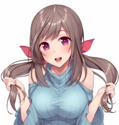 Rule 34 | 1girl, :d, bare shoulders, blue sweater, blush, breasts, brown hair, clothing cutout, fingernails, highres, hiiragi hazime, idolmaster, idolmaster shiny colors, large breasts, looking at viewer, nail polish, open mouth, pink nails, purple eyes, shoulder cutout, simple background, smile, solo, sweater, tsukioka kogane, twintails, upper body, white background