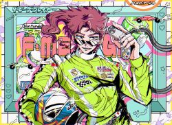 Rule 34 | 1boy, brand name imitation, commentary, controller, copyright name, earrings, emeco, game console, game controller, helmet, hierophant green, holding, holding controller, holding helmet, jewelry, jojo no kimyou na bouken, kakyoin noriaki, male focus, nintendo, racing suit, red hair, smile, stand (jojo), stardust crusaders, sunglasses, super nintendo, upper body