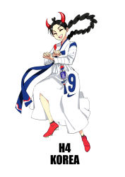 Rule 34 | 1girl, 2014 fifa world cup, absurdres, braid, cleats, closed eyes, full body, gangnam style, highres, horns, korea, long hair, open mouth, original, personification, red footwear, shoes, simple background, smile, solo, white background, world cup, yu yanshu