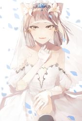 Rule 34 | 1girl, animal ears, blunt bangs, breasts, bridal veil, bride, cat ears, commentary, dress, english commentary, facial mark, fang, flower, gloves, goldenluckex, hair flower, hair ornament, happy, happy tears, highres, holding hands, looking at viewer, nia (xenoblade), pov, short hair, silver hair, skin fang, small breasts, tearing up, tears, veil, wedding dress, white background, white dress, white flower, white gloves, xenoblade chronicles (series), xenoblade chronicles 2, yellow eyes