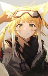 Rule 34 | 1girl, arknights, arm up, blonde hair, brown gloves, closed mouth, commentary, dirty, dirty face, fang, fang out, fingerless gloves, gloves, goggles, goggles on head, grey background, highres, long hair, looking at viewer, simple background, smile, solo, suzuran (arknights), suzuran (lostlands flowering) (arknights), sye, upper body
