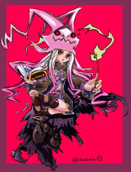 Rule 34 | 1girl, black footwear, book, dragon: marked for death, dress, full body, grimoire, hat, high heels, highres, holding, holding book, holding wand, kikinokoko, long hair, multicolored hair, open mouth, purple background, purple eyes, purple hair, short dress, simple background, solo, striped clothes, striped thighhighs, thighhighs, twitter username, two-tone hair, wand, white hair, witch (dmfd)