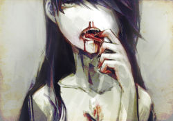 Rule 34 | 1girl, black hair, blood, nosebleed, fangs, hair over one eye, long hair, looking at viewer, nude, open mouth, original, pale skin, solo, teeth, toi (number8), tongue, tongue out