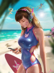 Rule 34 | 1girl, adapted costume, animal print, beach, bikini, blizzard (company), blue bikini, blue bodysuit, blue one-piece swimsuit, blurry, blurry background, bodysuit, braid, breasts, brown hair, clothing cutout, covered navel, cowboy shot, d.va (overwatch), dark-skinned female, dark skin, dated, day, depth of field, diffraction spikes, facepaint, facial mark, fangzhou he, from side, half-closed eyes, halterneck, headphones, highres, holding, knees together feet apart, legs apart, lens flare, long hair, looking down, mercy (overwatch), one-piece swimsuit, outdoors, overwatch, overwatch 1, pharah (overwatch), rabbit print, realistic, ribbed bodysuit, sand, side braid, side cutout, signature, skin tight, smartphone case, solo focus, standing, surfboard, swimsuit, water, wet, whisker markings, white bikini