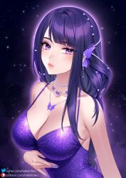 Rule 34 | 1girl, alternate costume, bare shoulders, bead necklace, beads, blush, braid, breasts, cleavage, collarbone, dress, eyeshadow, genshin impact, helloimtea, highres, jewelry, large breasts, long hair, looking at viewer, low-braided long hair, low-tied long hair, makeup, mole, mole under eye, nail polish, necklace, pink lips, purple dress, purple eyes, purple hair, purple nails, raiden shogun, sleeveless, sleeveless dress, solo, spaghetti strap, upper body, very long hair