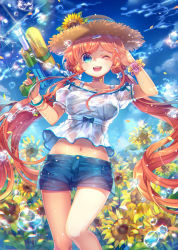 Rule 34 | 1girl, blue ribbon, blush, breasts, capura lin, collarbone, day, flower, hat, hat ribbon, highres, large breasts, long hair, looking at viewer, navel, one eye closed, open mouth, original, pink hair, ribbon, short shorts, shorts, smile, solo, sunflower, twintails, water drop, water gun