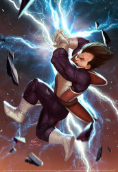 Rule 34 | 1boy, armor, black hair, boots, constricted pupils, dated, dragon ball, dragonball z, electricity, full body, gloves, highres, in-hyuk lee, male focus, motion blur, open mouth, rock, shoulder armor, signature, solo, vegeta, watermark, web address, white footwear, white gloves, widow&#039;s peak