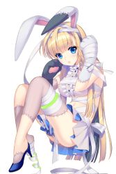Rule 34 | 1girl, animal ears, animal hands, blonde hair, blue eyes, high heels, long hair, looking at viewer, navel, official art, parted lips, rabbit ears, shoes, shura (soccer spirits), single shoe, sitting, soccer spirits, solo, stitches, transparent background, very long hair