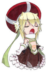 Rule 34 | 1girl, absurdres, beret, blonde hair, clione, closed eyes, cototiworld, frills, gloves, hat, highres, marker (medium), music, navel, open mouth, simple background, singing, skirt, solo, traditional media, yumekui merry