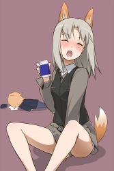 Rule 34 | 10s, 2girls, animal ears, blush, brave witches, drunk, edytha rossmann, closed eyes, fox ears, fox tail, multiple girls, open mouth, pantyhose, silver hair, sitting, skirt, strike witches, tail, waltrud krupinski, world witches series, youkan