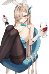 Rule 34 | 1girl, absurdres, alcohol, animal ears, asuna (blue archive), asuna (bunny) (blue archive), black pantyhose, blue archive, blue bow, blue bowtie, blue leotard, blush, bottle, bow, bowtie, breasts, chair, churi (oxxchurixxo), cleavage, cup, detached collar, elbow gloves, fake animal ears, feet out of frame, gloves, grey eyes, hair over one eye, hairband, highres, knees up, large breasts, leotard, light brown hair, long hair, looking at viewer, mole, mole on breast, one eye covered, pantyhose, parted lips, playboy bunny, rabbit ears, simple background, sitting, smile, solo, thighs, white background, white gloves, white hairband, wine, wine bottle