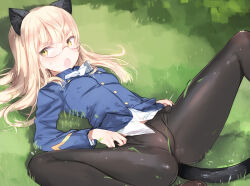 Rule 34 | 1girl, animal ears, blonde hair, blunt bangs, blush, breasts, cat ears, cat tail, commentary request, glasses, grass, green eyes, looking at viewer, lying, open mouth, pantyhose, perrine h. clostermann, shimada fumikane, small breasts, solo, spread legs, strike witches, sweat, tail, uniform, world witches series