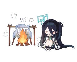 Rule 34 | 1girl, aris (blue archive), black hair, blue archive, chibi, cooking, fire, fishnet pantyhose, fishnets, long hair, pantyhose, penguin (tendouaris), simple background, sitting, solo, white background