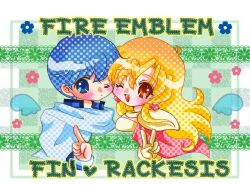 Rule 34 | 1boy, 1girl, ;d, blonde hair, blue eyes, blue hair, blush, brown eyes, character name, commentary request, copyright name, couple, finn (fire emblem), fire emblem, fire emblem: genealogy of the holy war, heart, hetero, lachesis (fire emblem), nintendo, one eye closed, open mouth, smile, v, yukitei