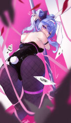 Rule 34 | 1girl, absurdres, animal ears, arm strap, ass, back, bare shoulders, bent over, black bow, black leotard, blue eyes, blue hair, blunt bangs, blurry, blush, bow, breasts, card, center-flap bangs, commentary, covered mouth, curvy, depth of field, eyelashes, fake animal ears, fake tail, feet out of frame, feng1180, fishnet pantyhose, fishnets, floating hair, foreshortening, from behind, hair bow, hair intakes, hair ornament, hairband, hatsune miku, heart, heart-shaped pupils, heart hair ornament, highres, holding, holding pole, kneeling, knees together feet apart, leotard, looking at viewer, looking back, medium breasts, nail polish, pantyhose, pink background, pink nails, playboy bunny, pole, pole dancing, rabbit ears, rabbit hole (vocaloid), rabbit tail, simple background, skindentation, solo, symbol-shaped pupils, tail, thigh gap, thigh strap, thighs, tsurime, twintails, two-tone background, vocaloid, white background, white hairband, x hair ornament