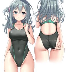 Rule 34 | 1girl, absurdres, adjusting clothes, adjusting swimsuit, aqua eyes, ass, back, bare arms, bare shoulders, black one-piece swimsuit, blush, breasts, closed mouth, collarbone, competition swimsuit, covered navel, cowboy shot, cropped legs, from behind, frown, grey hair, highres, impossible clothes, impossible swimsuit, large breasts, long hair, looking at viewer, multiple views, ncontrail (mgax7527), one-piece swimsuit, one side up, riddle joker, shikibe mayu, simple background, swimsuit, white background