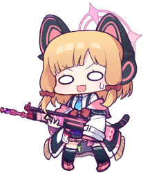 Rule 34 | 1girl, :d, absurdres, animal ear headphones, animal ears, assault rifle, battle rifle, black skirt, black thighhighs, blonde hair, blue archive, blue necktie, blush, bow, chibi, collared shirt, fake animal ears, full body, gun, h&amp;k g3, hair bow, halo, headphones, highres, holding, holding gun, holding weapon, jacket, long sleeves, looking at viewer, momoi (blue archive), necktie, off shoulder, open mouth, panatisia, pink footwear, red bow, rifle, shirt, shoes, sidelocks, simple background, skirt, sleeves past wrists, smile, solo, standing, suspender skirt, suspenders, sweat, tail, thighhighs, v-shaped eyebrows, weapon, white background, white jacket, white shirt, wide oval eyes, wide sleeves
