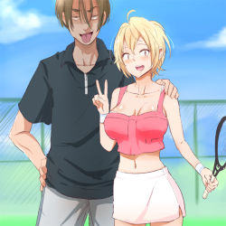 Rule 34 | 1boy, 1girl, :d, :p, ahoge, baby steps, bad id, bad pixiv id, blonde hair, breasts, brown eyes, character request, cheating (relationship), collared shirt, fence, hair between eyes, hand on another&#039;s shoulder, hand on own hip, large breasts, midriff, navel, netorare, open mouth, racket, shirt, shorts, skirt, smile, special g (spg), takasaki natsu, tank top, tennis racket, tongue, tongue out, wristband