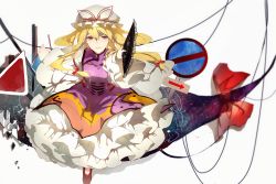 Rule 34 | 1girl, armband, blonde hair, bow, breasts, dress, earrings, flame print, floral print, folding fan, foreshortening, frilled dress, frills, gap (touhou), hair bow, hand fan, hat, hat ribbon, jewelry, lips, long hair, long sleeves, looking at viewer, mob cap, pov, pudding (8008208820), ribbon, shadow, shoes, sign, simple background, solo, space, star (sky), stud earrings, surreal, tabard, thread, touhou, very long hair, white background, white dress, wide sleeves, yakumo yukari, yin yang