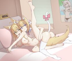 Rule 34 | 2girls, absurdres, animal ears, anus, barefoot, blonde hair, blue eyes, blush, breasts, cat ears, cat girl, cat tail, cleft of venus, clock, closed mouth, completely nude, curtains, fox ears, fox girl, fox tail, grabbing, grabbing another&#039;s breast, green eyes, hasu no shiro, highres, kneehighs, large breasts, long hair, medium breasts, multiple girls, navel, nipples, nude, on bed, open mouth, original, pillow, poster (object), pussy, small breasts, smile, socks, tail, window, yuri