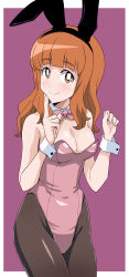 Rule 34 | 1girl, absurdres, animal ears, black pantyhose, blush, bow, bowtie, breasts, brown eyes, cleavage, closed mouth, covered navel, fake animal ears, girls und panzer, highres, leotard, long hair, looking at viewer, medium breasts, orange hair, pantyhose, pink bow, pink bowtie, pink leotard, playboy bunny, ponzu rui, rabbit ears, smile, solo, takebe saori